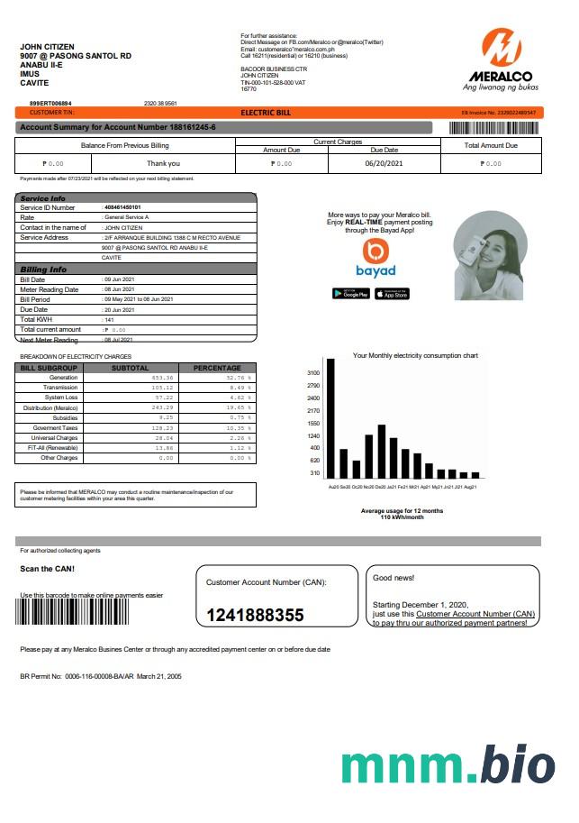 Filipiny Meralco szablon rachunku za energię elektryczną w formacie Word i PDF, Wersja 2